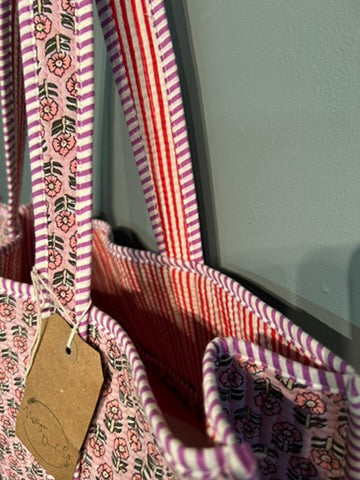 Pretty Indian Quilted Block printed Tote Bag - Pink Floral