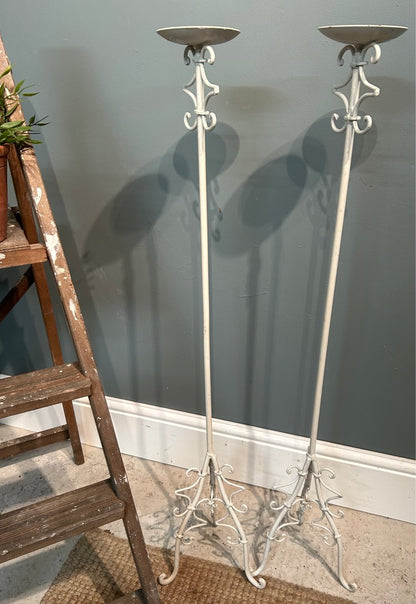 Pair of Vintage Tall White Painted Candle Stick Holders