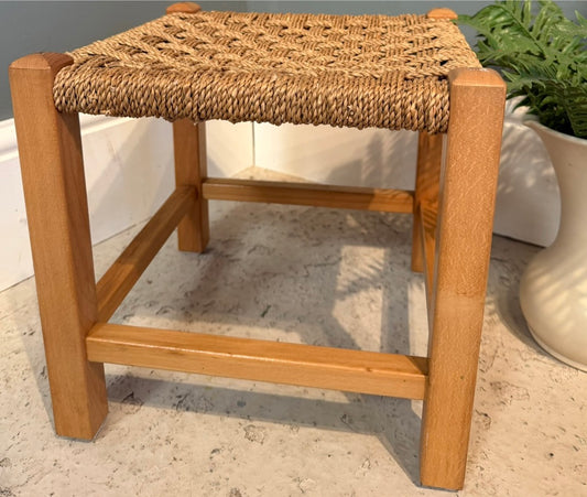 Vintage Woven Brown Rattan Stool with Rope top - Light Wood