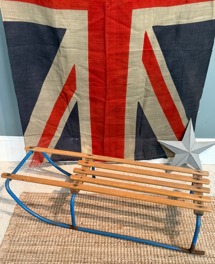 Vintage Wooden Sledge with Blue metal Frame - Great Christmas Display Prop