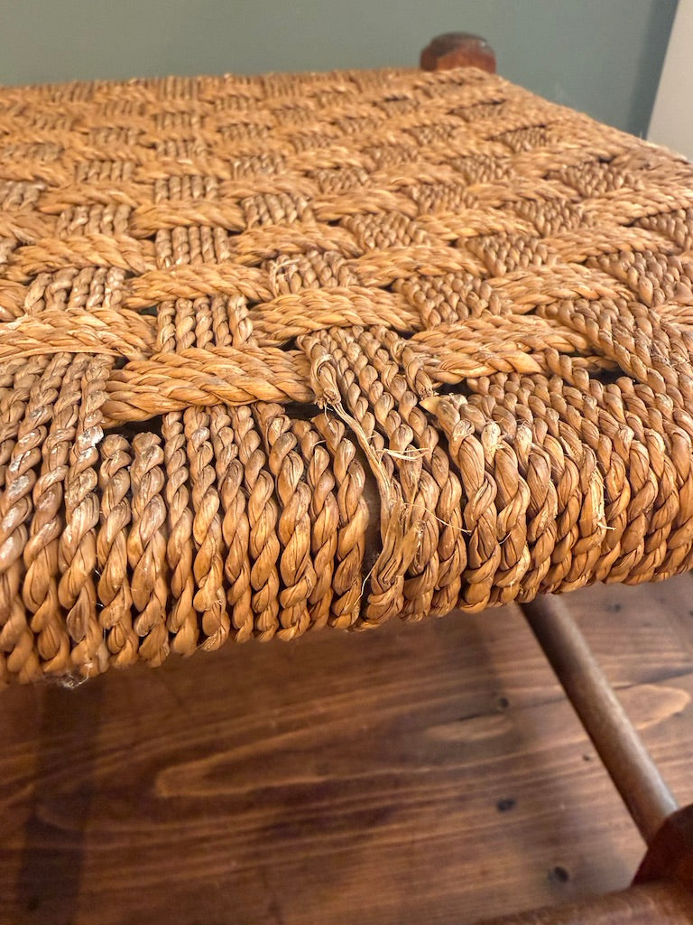 Vintage Woven Brown Rattan Stool with Rope top.