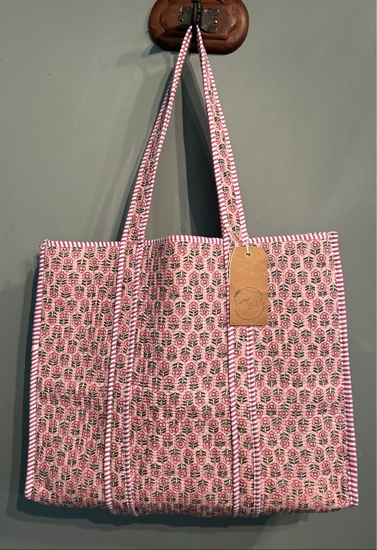 Pretty Indian Quilted Block printed Tote Bag - Pink Floral
