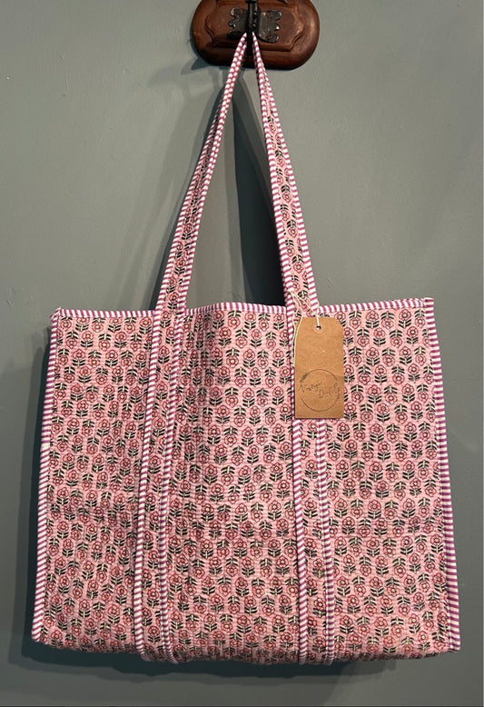 Pretty Indian Quilted Block printed Tote Bag - Pink Floral