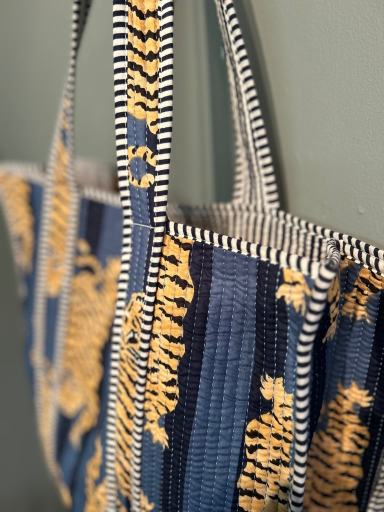 Pretty Indian Quilted Block Printed Tote Bag - Blue Leopard