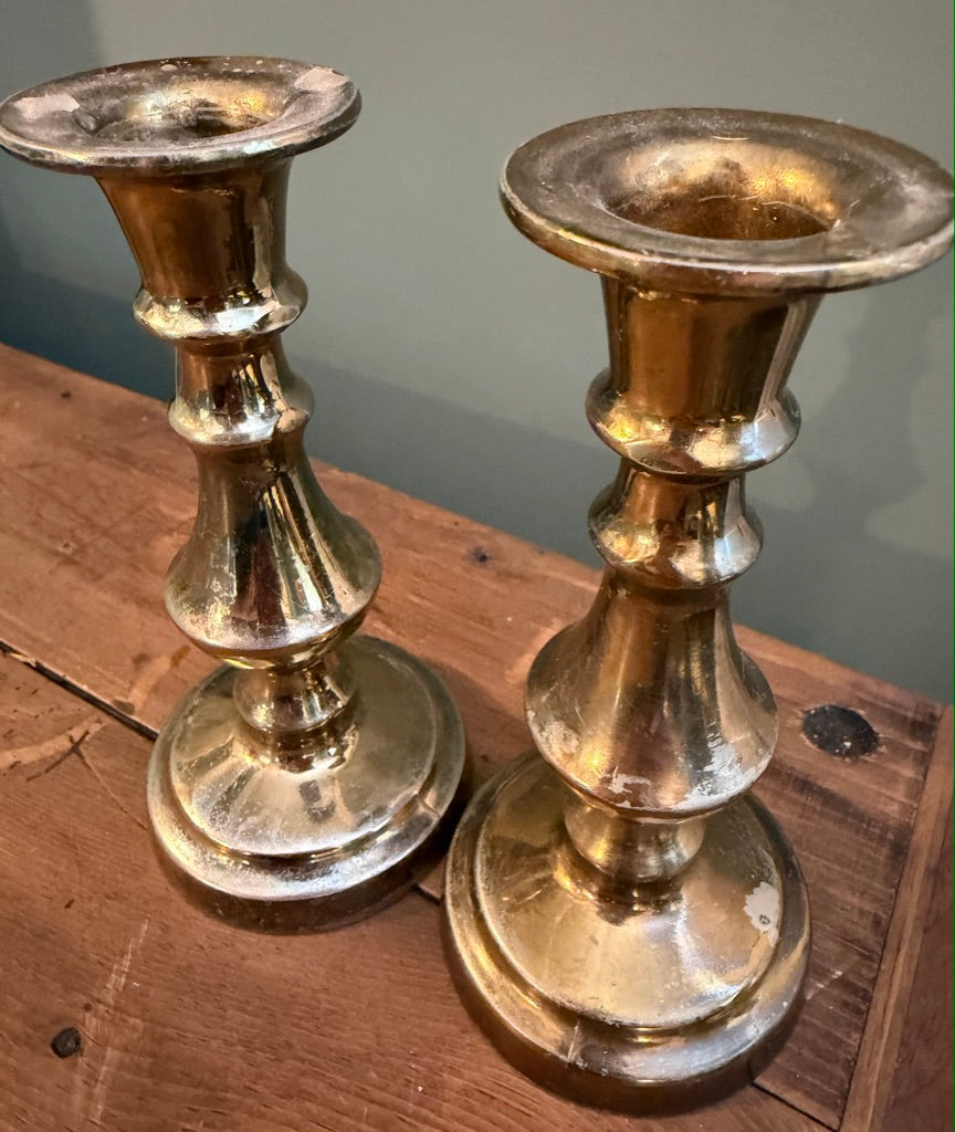 Small Pair of Vintage Brass Candlesticks - Round base