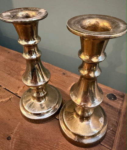Small Pair of Vintage Brass Candlesticks - Round base