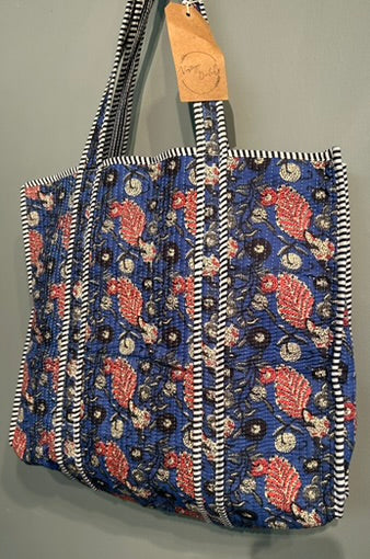 Pretty Quilted Block printed Tote Bag - Blue Floral