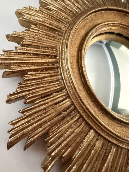 Gold Antiqued Round Port Hole style Sunburst Mirror - Small Convex