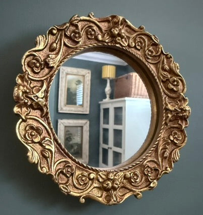 Small Gold Antiqued Round Port Hole style Floral Frame Mirror