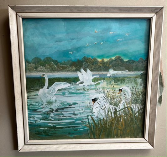 Vintage Framed 1970's Print of Swans