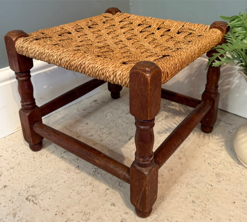 Vintage Woven Brown Rattan Stool with Rope top