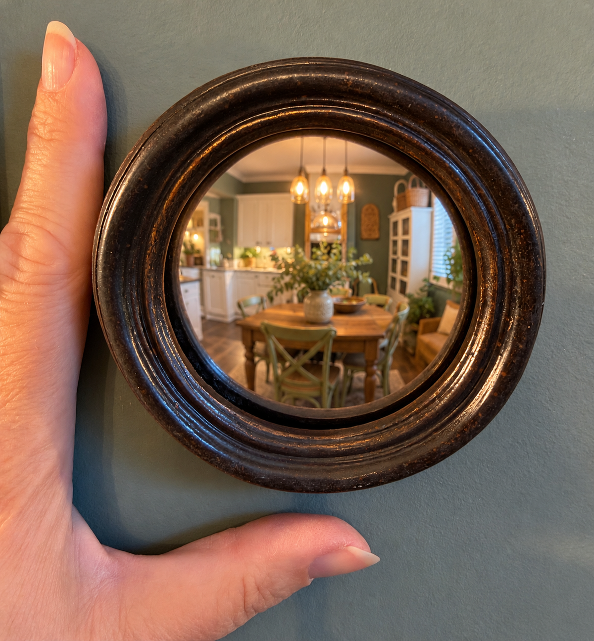 Miniature Antiqued Black Thin Framed Convex Mirror - Perfect for a Gallery Wall
