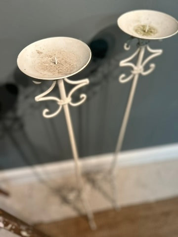 Pair of Vintage Tall White Painted Candle Stick Holders