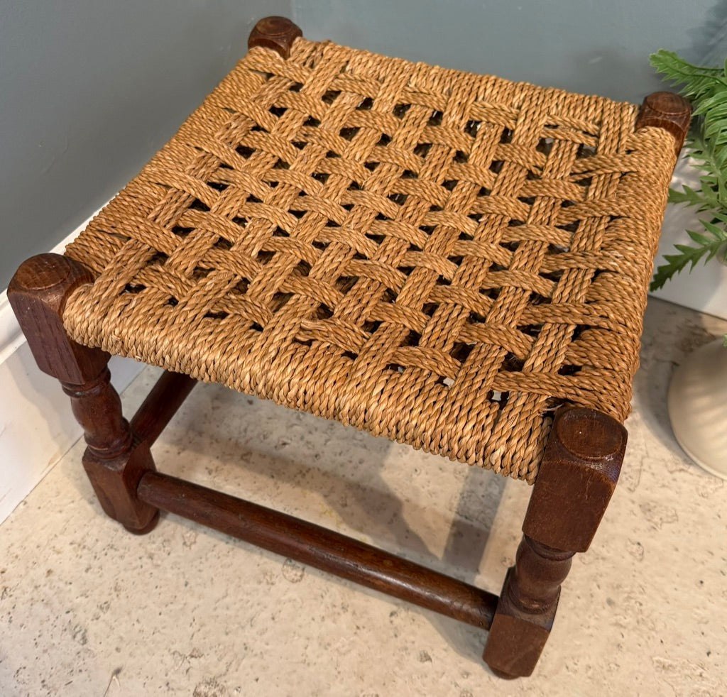 Vintage Woven Brown Rattan Stool with Rope top