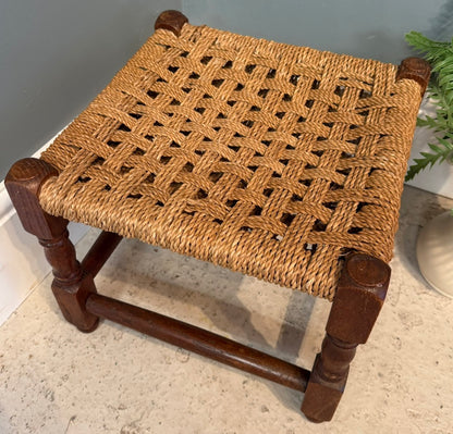 Vintage Woven Brown Rattan Stool with Rope top