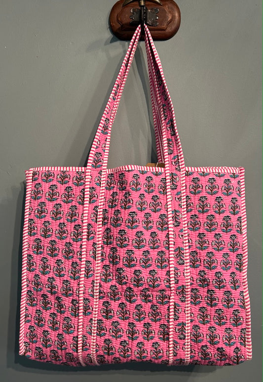 Pretty Indian Quilted Block Printed Tote Bag - Bright Pink Floral