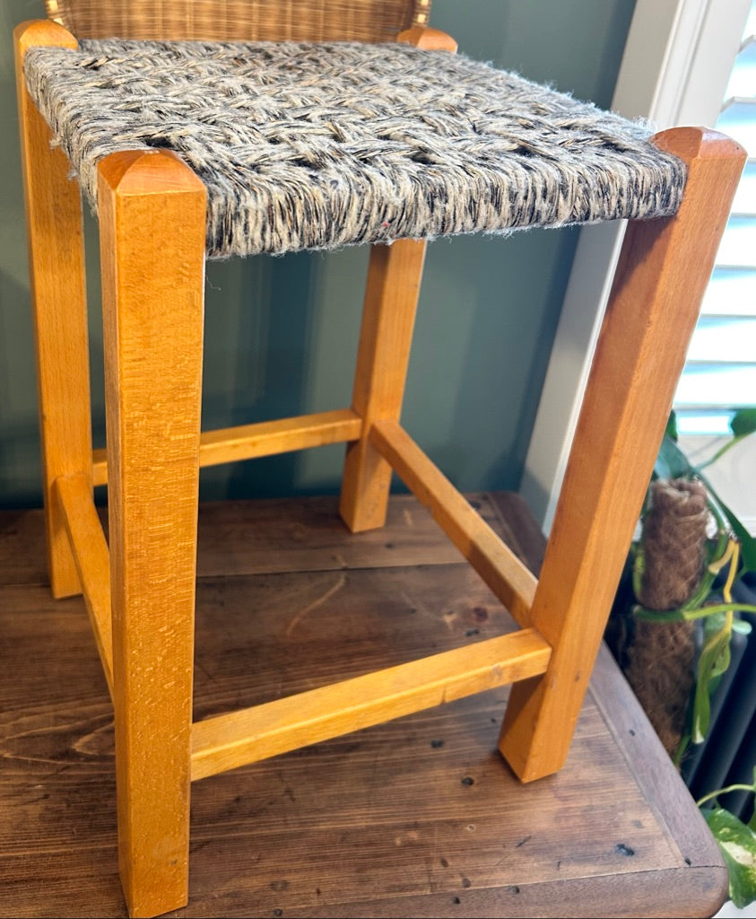 Vintage Woven Rattan Stool with Wool top.