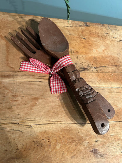 Wooden carved Vintage salad servers