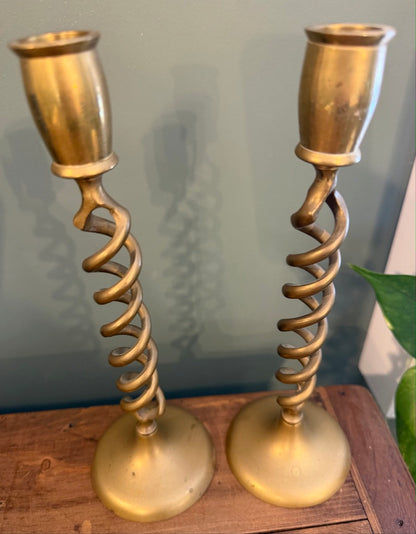 Pair of Vintage Twisted Brass Candlesticks