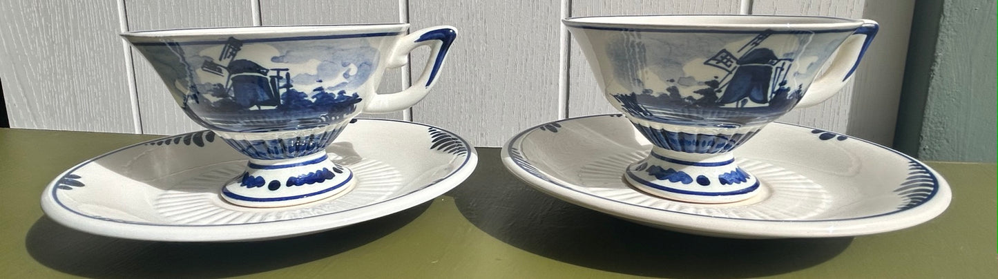 Pair of Delft Blue and White China Cups and Saucers