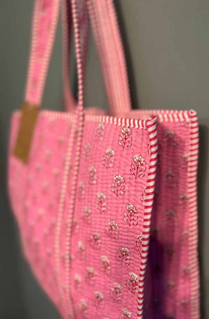Pretty Indian Quilted Block Printed Tote Bag - Pink