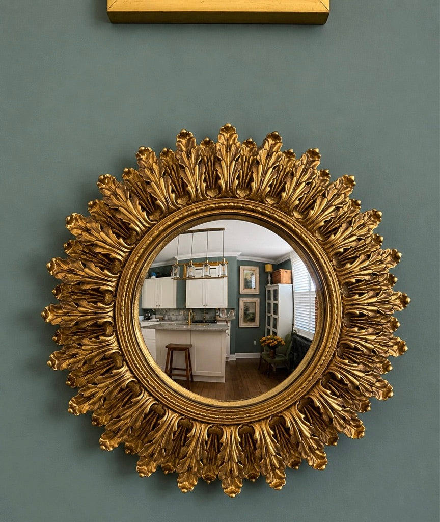 Gold Antiqued Round Double Sunburst Ornate Style Frame Wall Mirror
