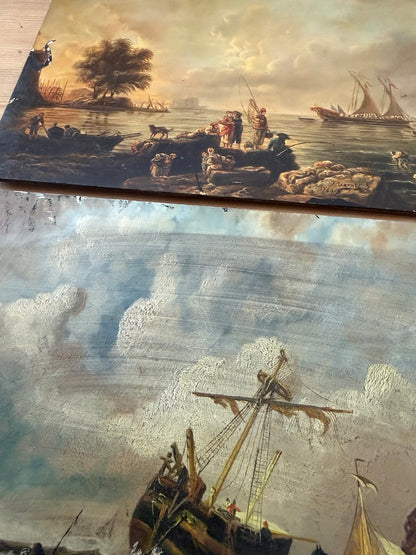 Pair of Original Oil Painting on Board Sea Scape with Ships