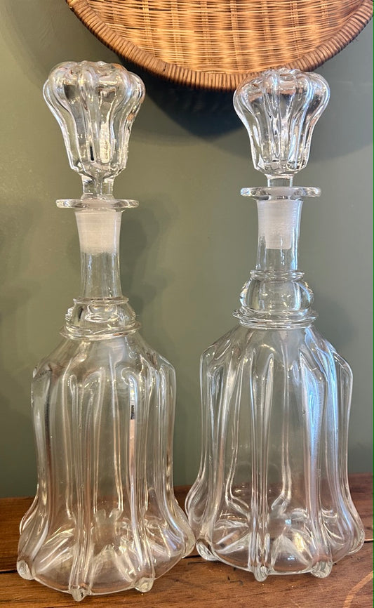Pair of Antique Hand Blown Glass Decanters with Stoppers
