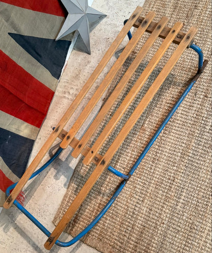 Vintage Wooden Sledge with Blue metal Frame - Great Christmas Display Prop