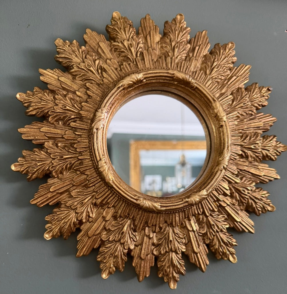 Gold Antiqued Round Port Hole style Sunburst Mirror - Medium Convex