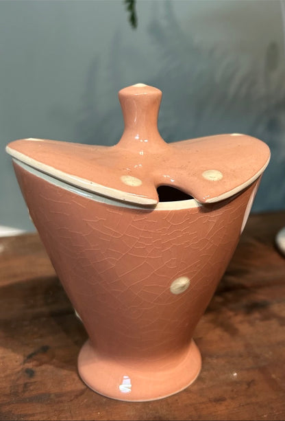 Vintage Pink and White Spotty Lidded Jam Pot