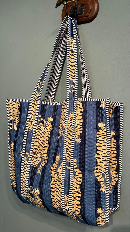 Pretty Indian Quilted Block Printed Tote Bag - Blue Leopard
