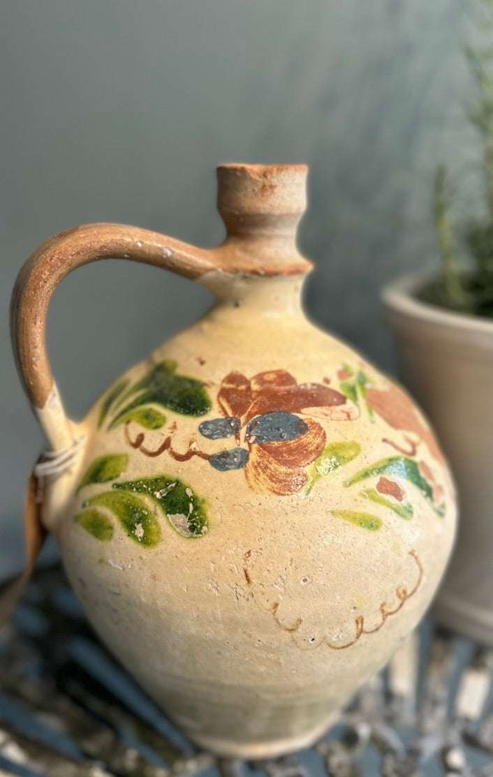Vintage Hand Painted Terracotta Bottle - Antique Vessel