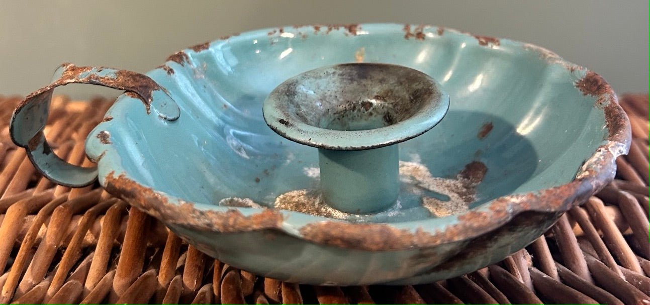 Vintage French Enamel Candle Holder - Blue