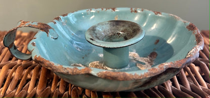 Vintage French Enamel Candle Holder - Blue