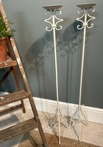 Pair of Vintage Tall White Painted Candle Stick Holders