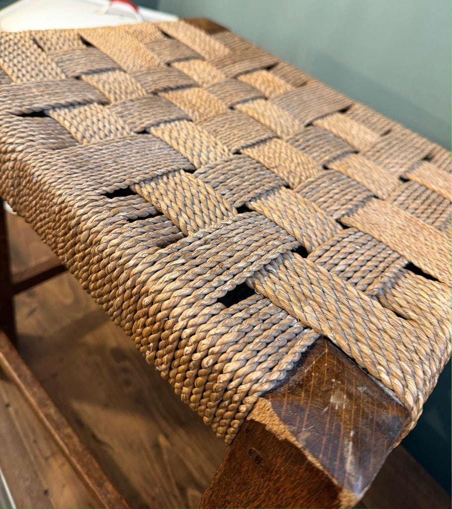 Retro Vintage Woven Brown Rattan Stool with Rope top- Straight Leg