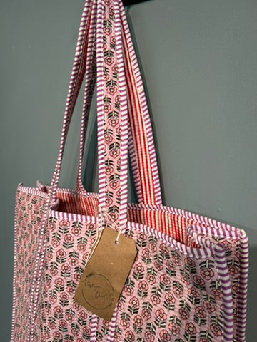 Pretty Indian Quilted Block printed Tote Bag - Pink Floral