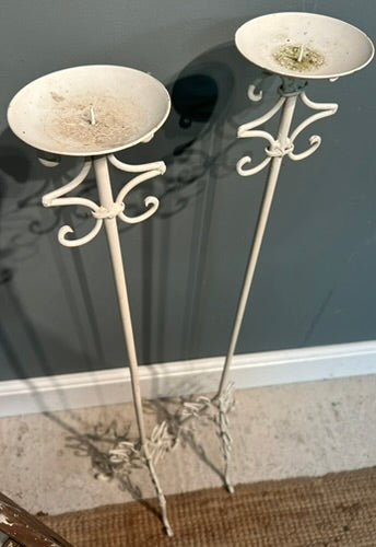 Pair of Vintage Tall White Painted Candle Stick Holders