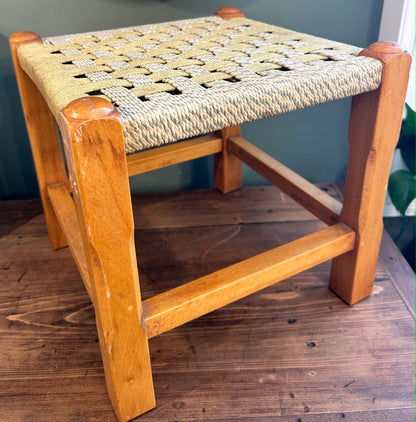 Vintage Woven Rattan Stool with Green Rope top.