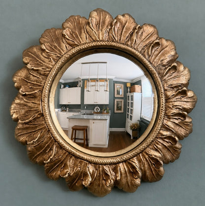 Small Gold Antiqued Round Port Hole style Flower Frame Mirror