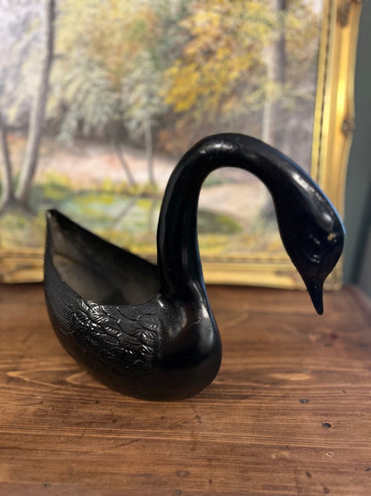 Vintage Mid Century Painted Black Swan Planter Pot