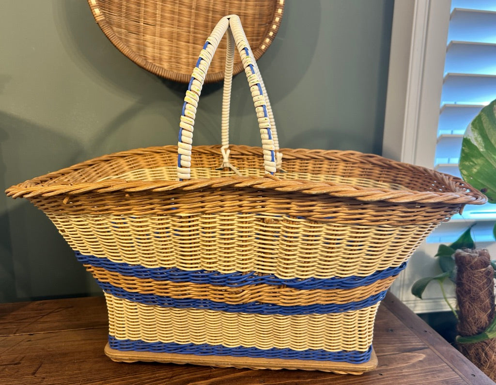 Vintage Handled Basket with Blue Stripe