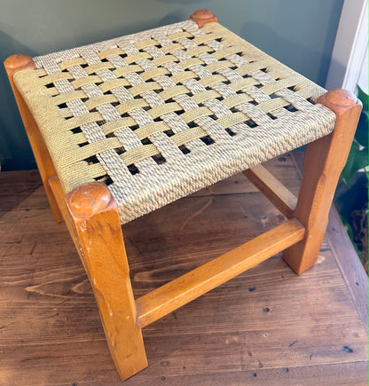 Vintage Woven Rattan Stool with Green Rope top.