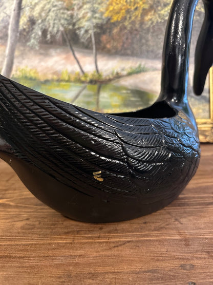 Vintage Mid Century Painted Black Swan Planter Pot