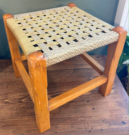 Vintage Woven Rattan Stool with Green Rope top.