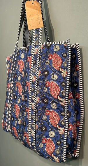 Pretty Quilted Block printed Tote Bag - Blue Floral