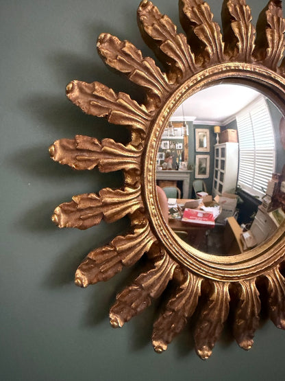 Gold Antiqued Round Single Sunburst Ornate Style Frame Wall Mirror