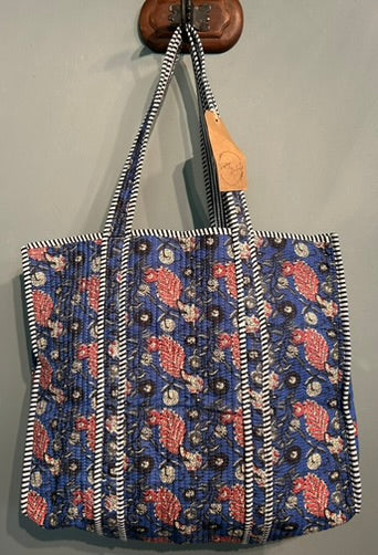 Pretty Quilted Block printed Tote Bag - Blue Floral