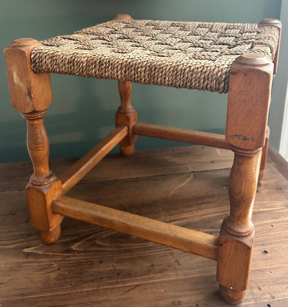 Vintage Woven Rattan Stool with Beige Rope top.